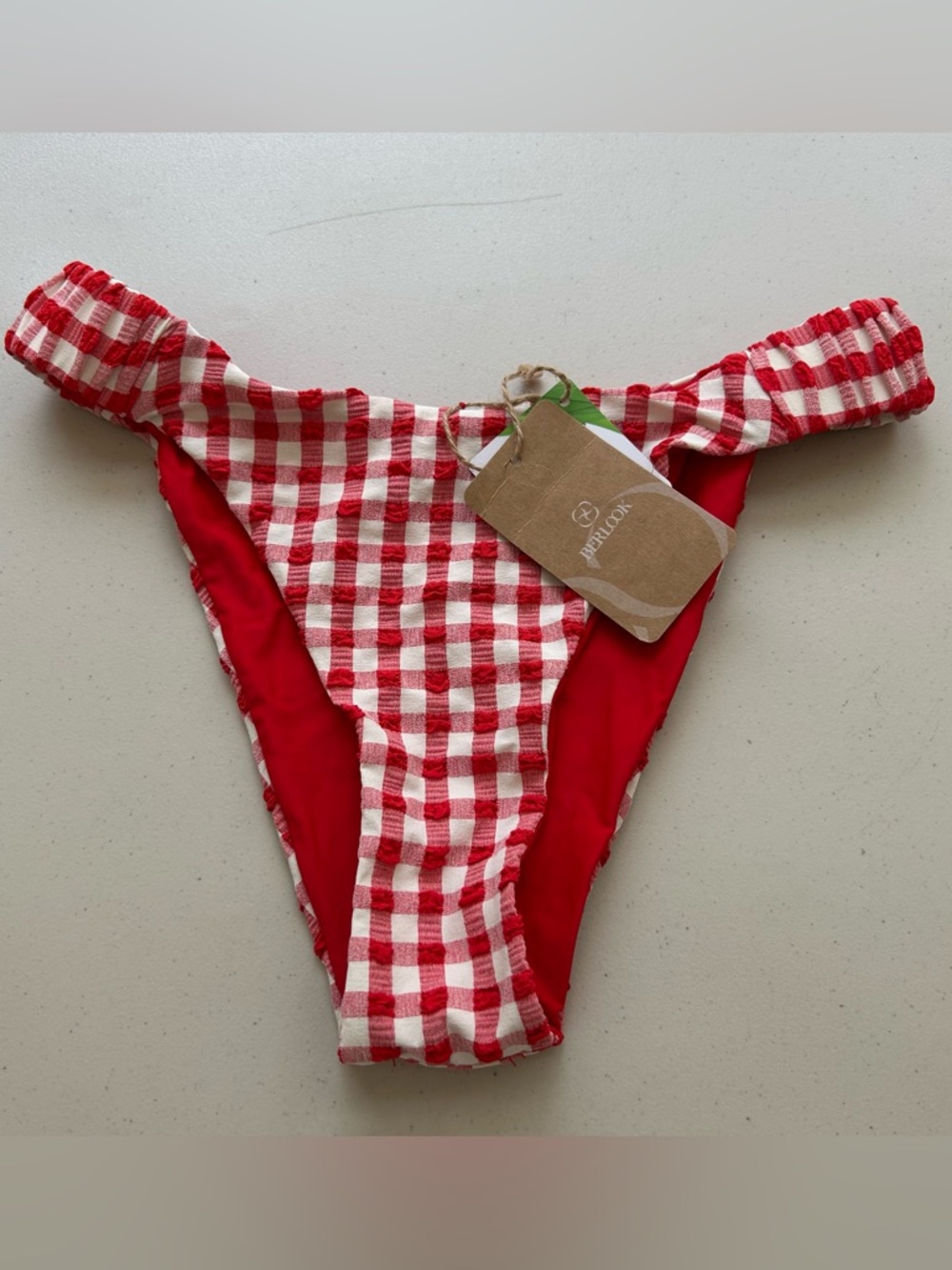 Berlook Bikini Bottom Medium Red Gingham Ruched Swimwear